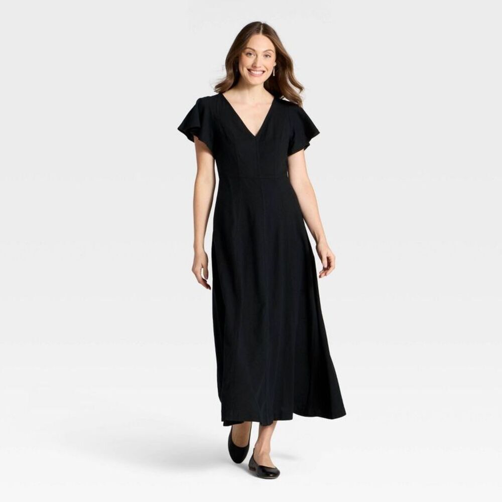 Women's Flutter Short Sleeve Maxi A-Line Dress - Universal Thread Black XL